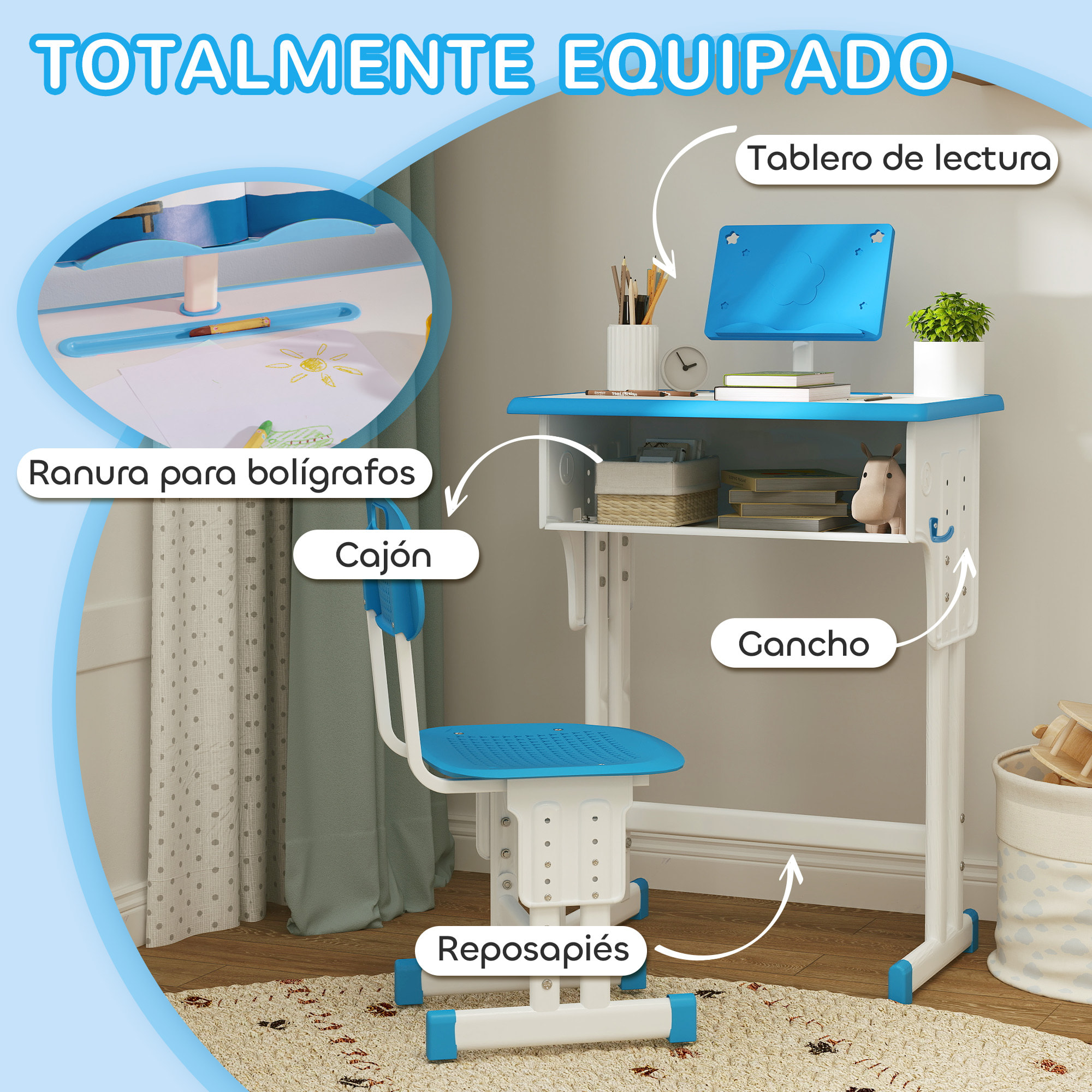 Juego de Escritorio y Silla para Niños de 6-12 Años Pupitre Infantil Altura Ajustable con 1 Cajón 1 Ranura para Lápiz y 1 Estante para Libros Acero 60x45x90-102 cm Azul