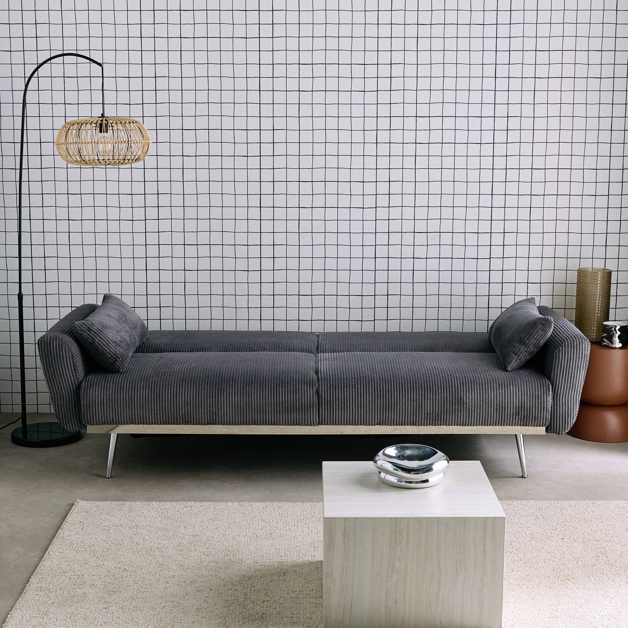 Canapé convertible design en velours côtelé gris foncé - Oskar - 3 places scandinave droit avec pieds métal chromé