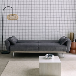 Canapé convertible design en velours côtelé gris foncé - Oskar - 3 places scandinave droit avec pieds métal chromé