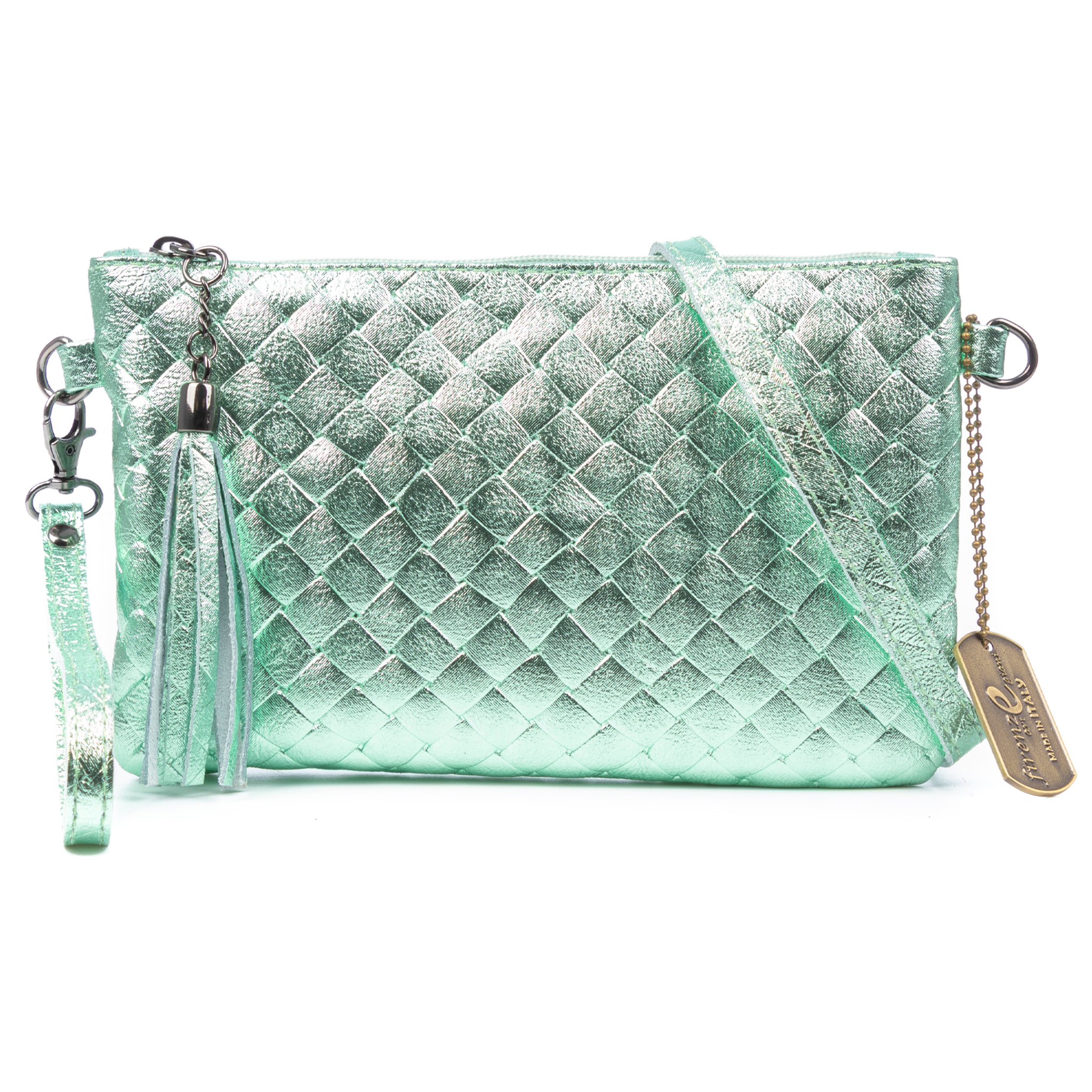 Oleggio bolso bandolera mujer. Piel auténtica Gamuza con grabado entrelazado y lacada brillante.