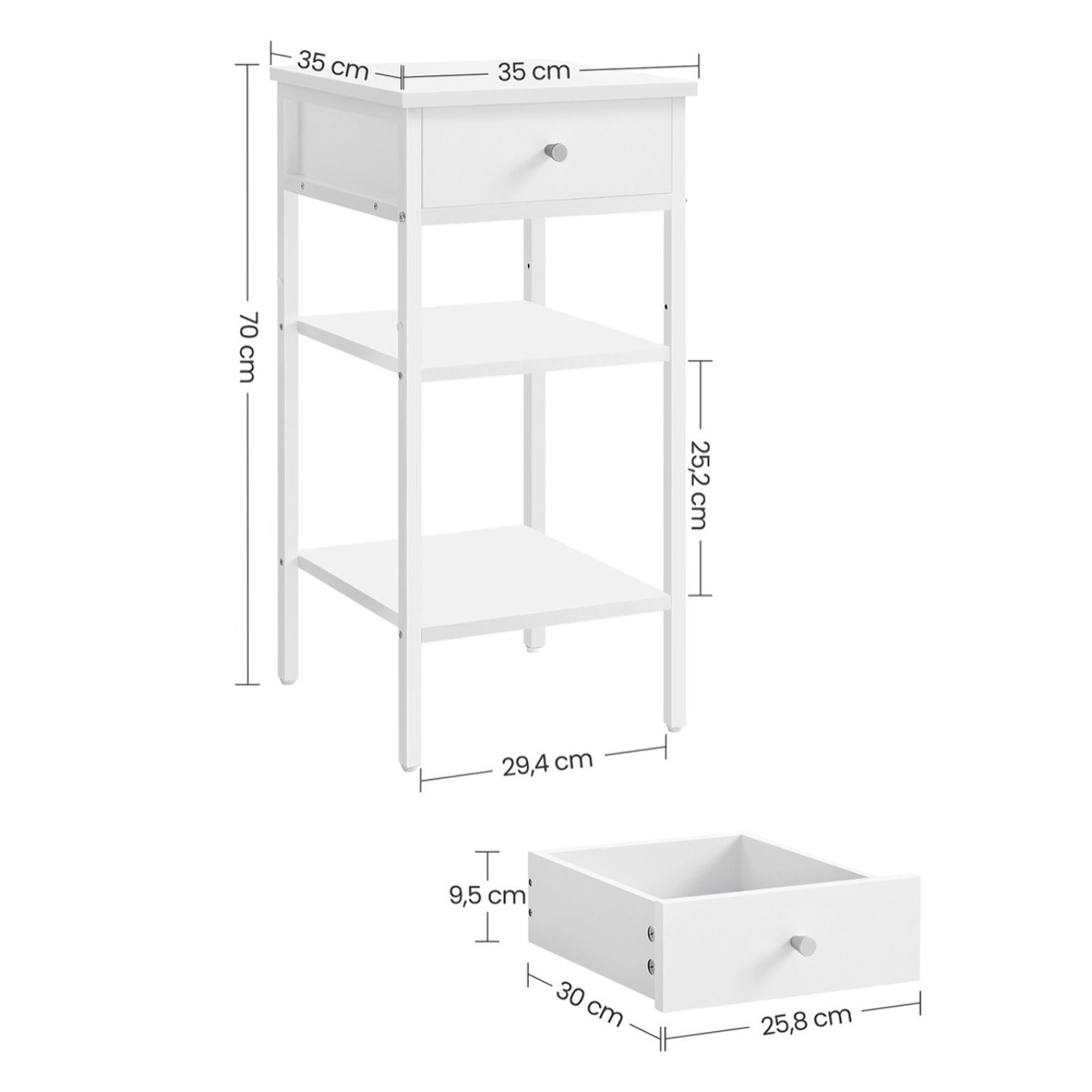 Comodino moderno alto con cassetto e ripiani in bianco