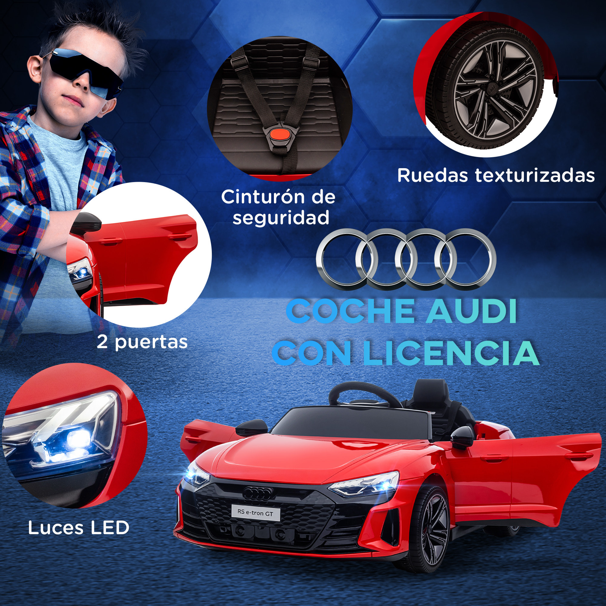 Coche Eléctrico para Niños de +3 Años AUDI RS e-tron GT Coche de Batería 12V con Mando a Distancia Faros LED Bocina Música USB y Apertura de Puerta 3-5 km/h Rojo