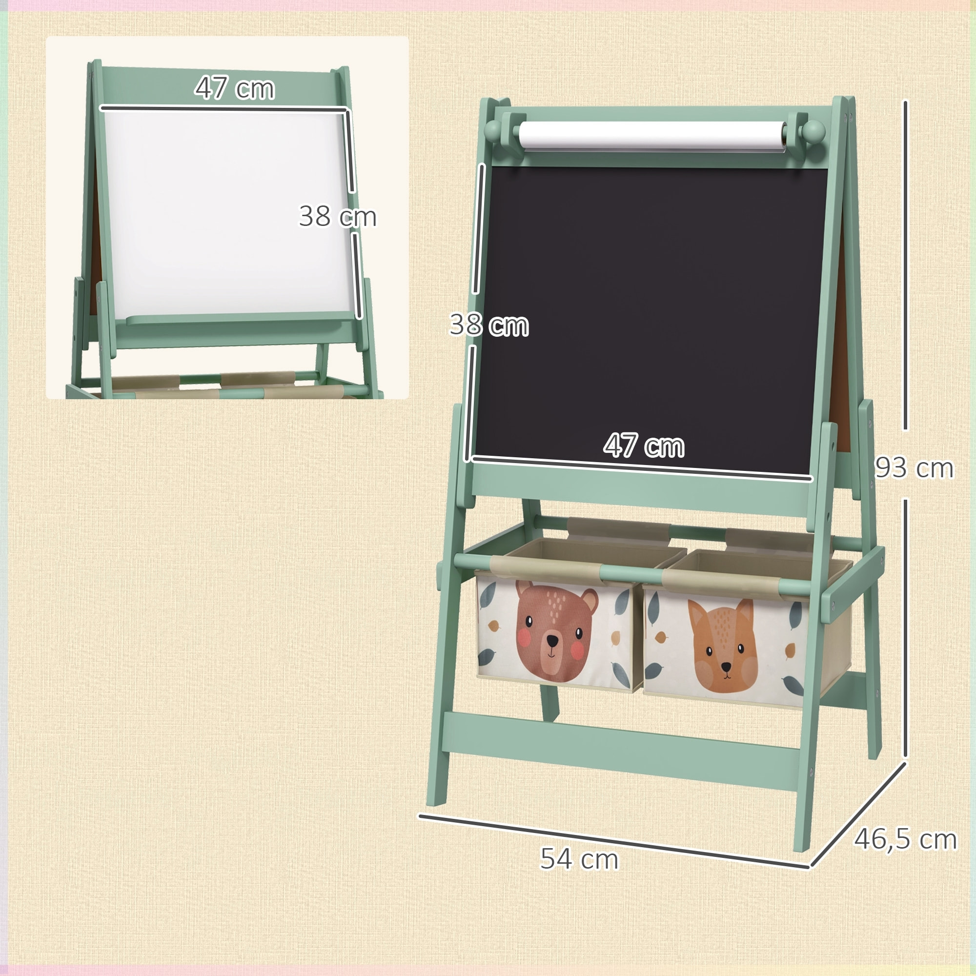 Tableau chevalet enfant - tableau blanc, tableau à craie, rouleau papier 3 en 1 - paniers rangement intégrés - MDF pin vert