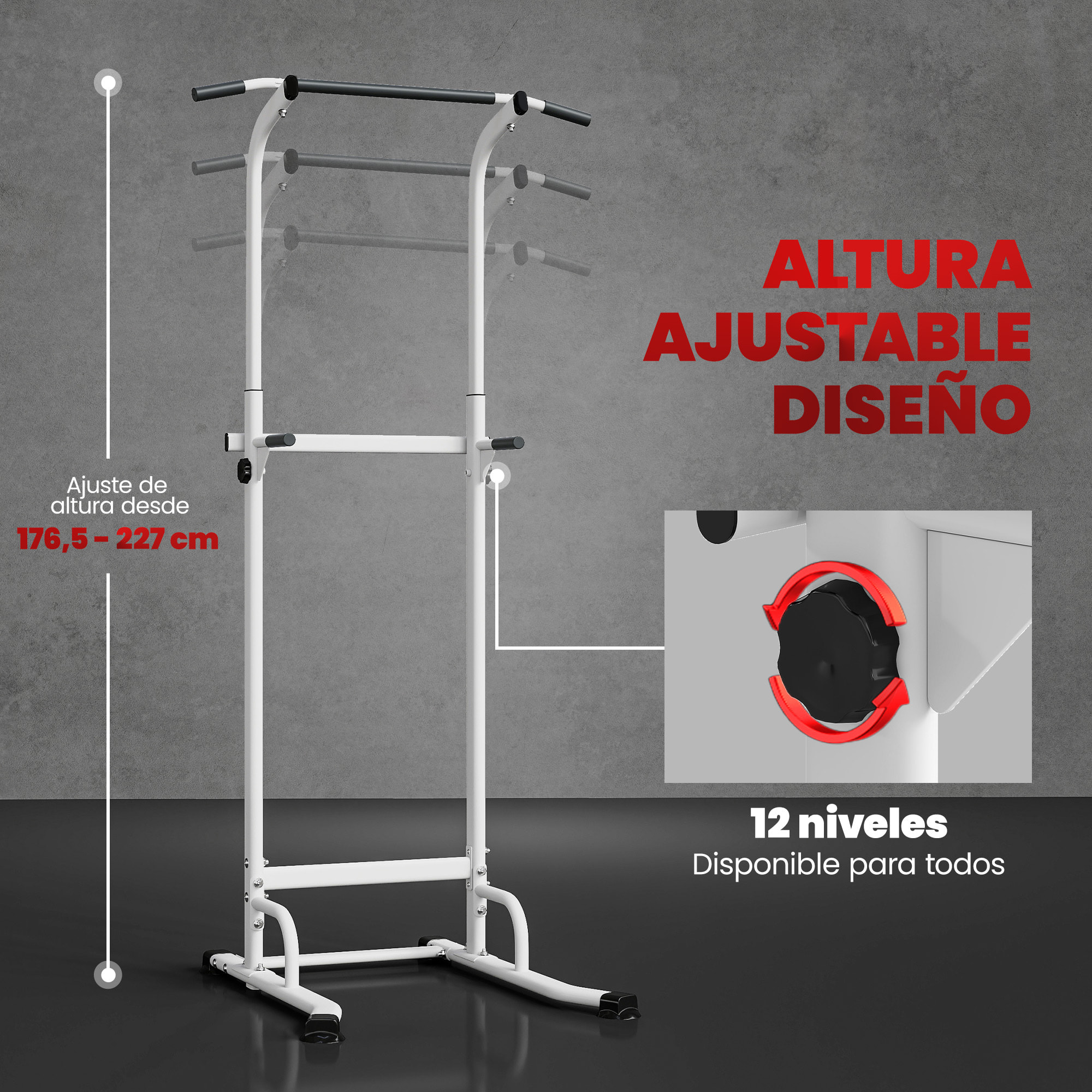 Barra de Dominadas Altura Regulable 176,5-227 cm, Estación de Fondos Resistente para Gimnasio en Casa, Máquina Dominadas Multifuncional, para Entrenamiento de Fuerza, Carga 120 kg