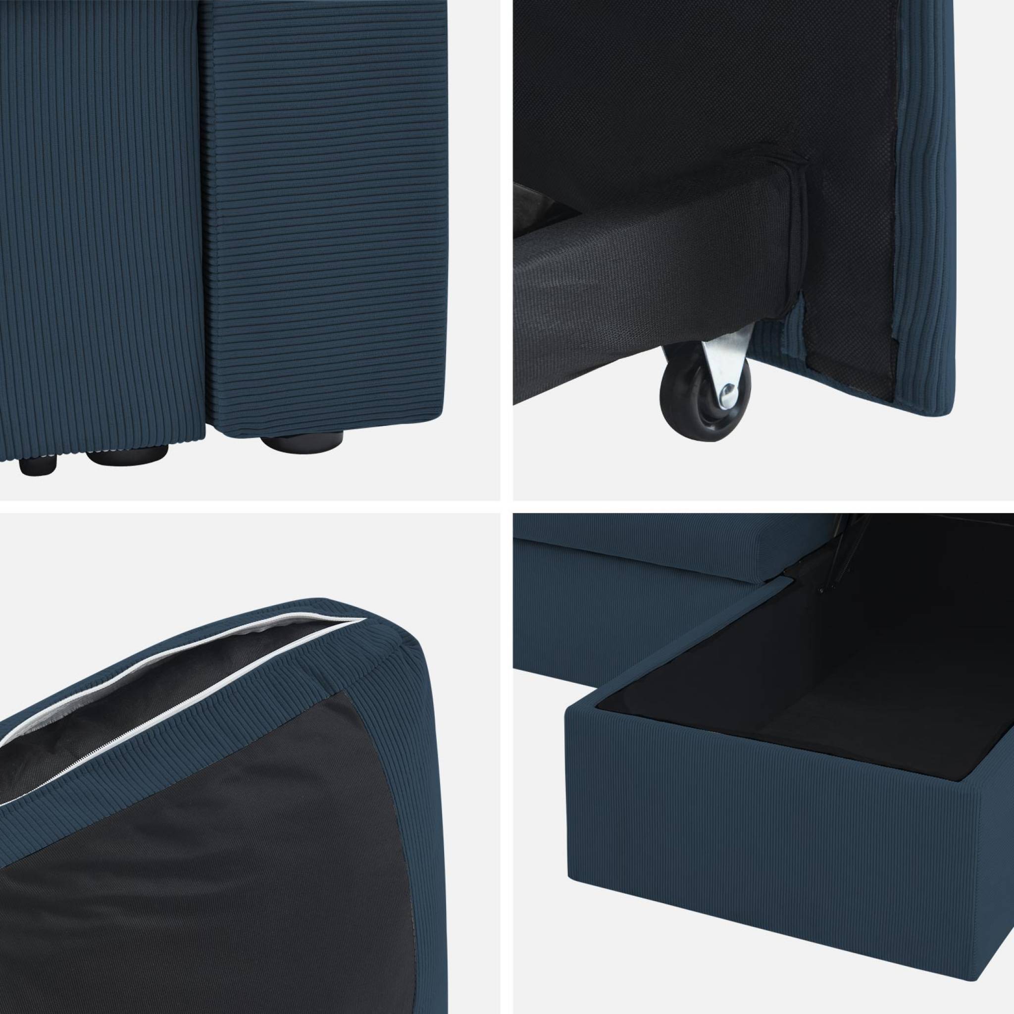 Canapé d'angle convertible en velours côtelé bleu - IDA - 3 places. fauteuil d'angle réversible coffre rangement lit modulable