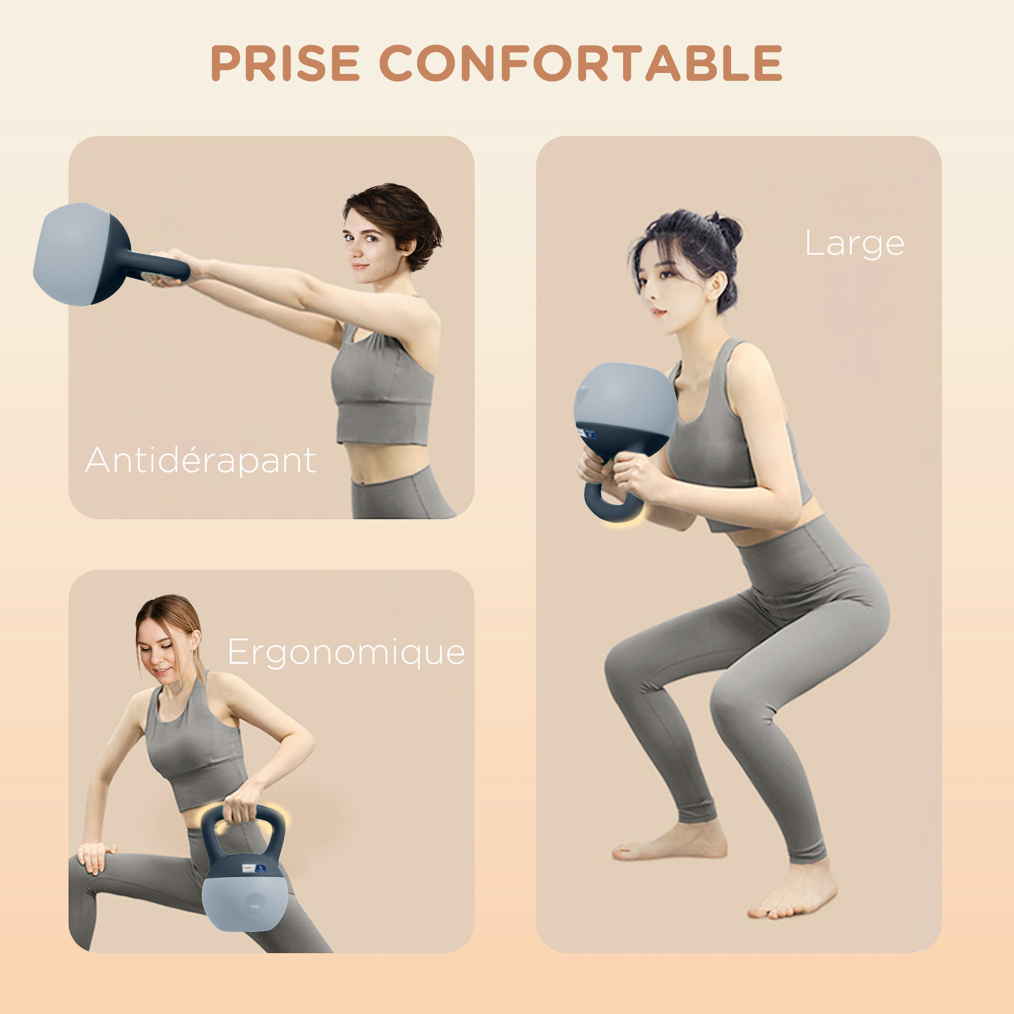 Kettlebell 6 Kg collaboration Aosom.fr x FFHandball - prise ergonomique - PVC gris jaune