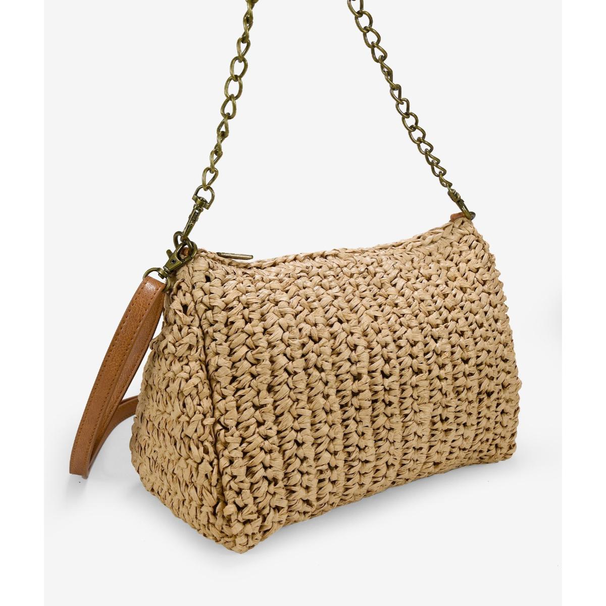 Bolso de rafia marrón con cadena