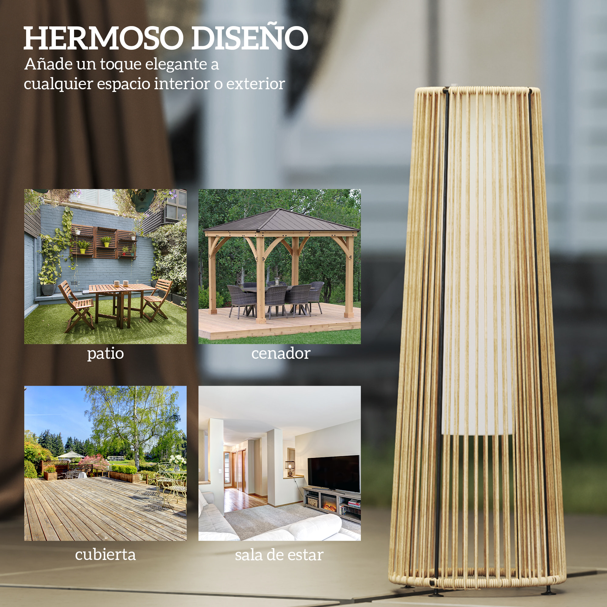 Linterna de Jardín de Ratán Sintético Farola Solar Exterior con Luces LED Encendido y Apagado Automático Impermeable para Terraza Balcón Patio Ø21,5x61 cm Natural