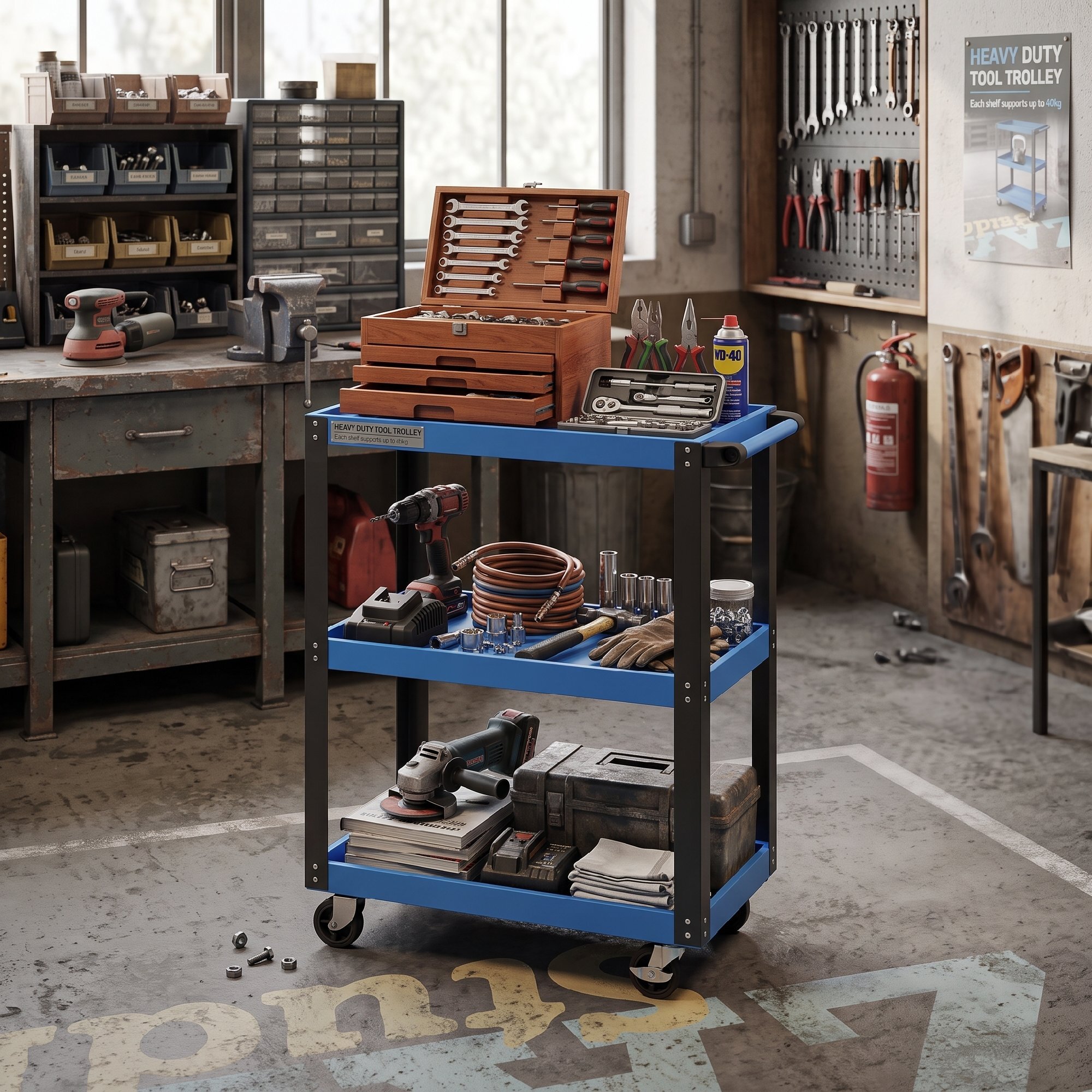 HOMCOM Carro de Taller, Carro de Herramientas con 3 Estantes, Ruedas con Frenos y Asa Lateral, para Garaje Mecánico, Hogar, Carga 120 kg, Azul