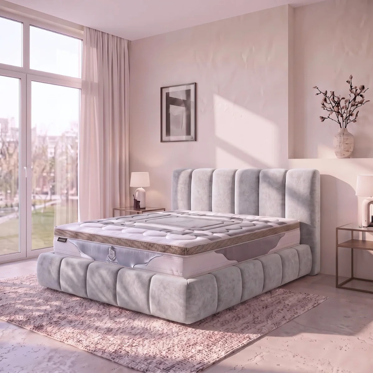 Ensemble matelas Royal XXL & lit coffre Everest | Mémoire de forme et ressorts ensachés | Grande capacité de stockage | tissu épais | Gris