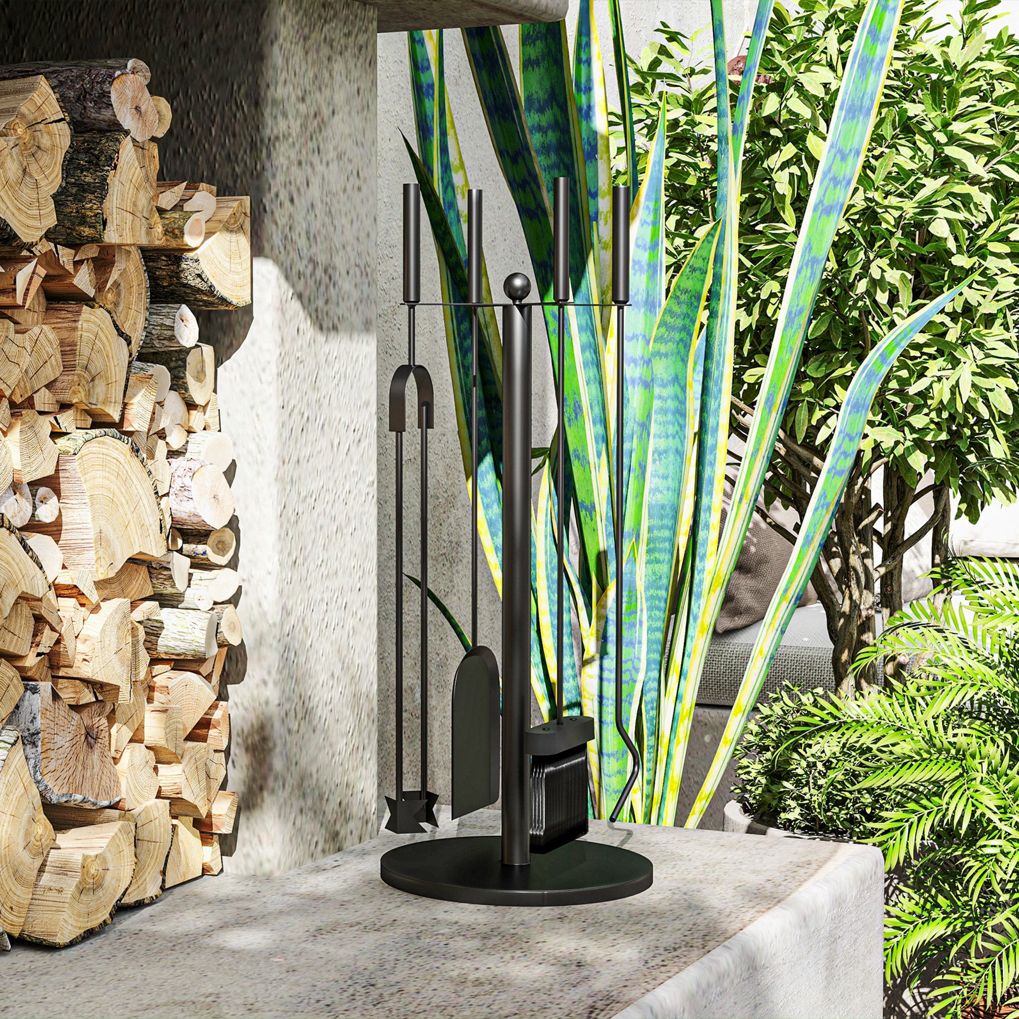 Juego de Herramientas para Chimenea de 5 Piezas Juego de Accesorios para Chimenea de Metal con Escoba Pala Tenazas Atizador y Soporte Ø25x54 cm Negro