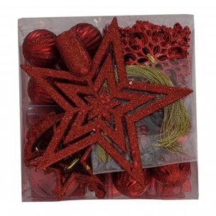 Box 50 pezzi decorazioni natalizie multi-forma, Ornamenti e Puntale, Set assortimento palline di Natale, Scatola set albero di Natale, Da 4 a 7 cm, colore Rosso