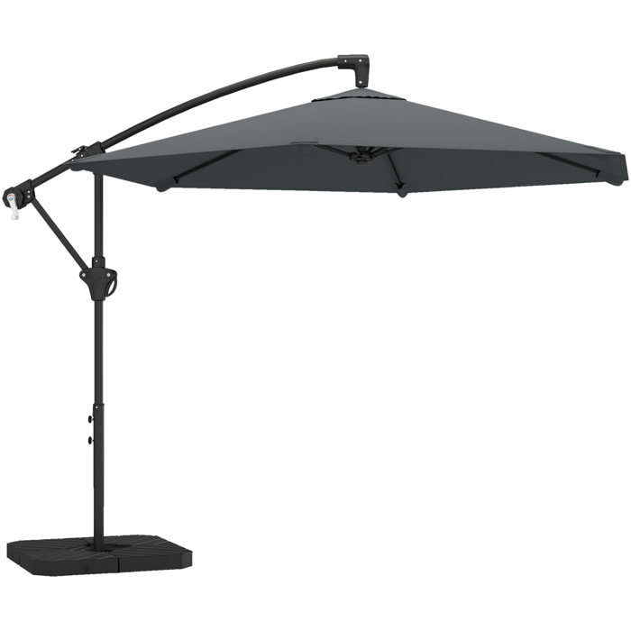 Parasol déporté 3 m avec pied en croix et dalles lestage, parasol de jardin extérieur avec manivelle et loquet de verrouillage, toile polyester 180 g/m², protection UV 30+, gris foncé