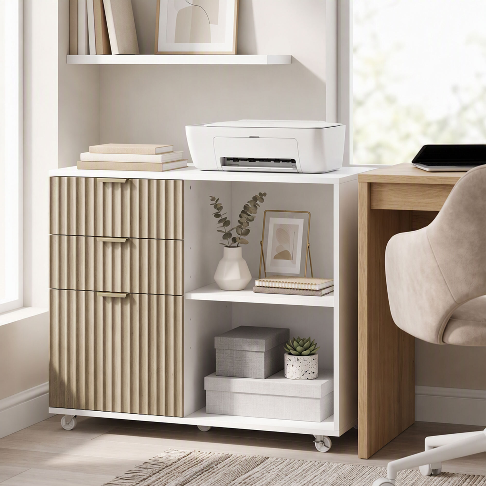 Mueble para Impresora con Ruedas, Mesa para Impresora con 3 Cajones, Barra Ajustable, 2 Estantes Abiertos para Documentos Tamaño A4, Carta, Archivador Móvil para Oficina en Casa, Blanco y Roble