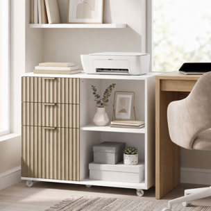 Mueble para Impresora con Ruedas, Mesa para Impresora con 3 Cajones, Barra Ajustable, 2 Estantes Abiertos para Documentos Tamaño A4, Carta, Archivador Móvil para Oficina en Casa, Blanco y Roble