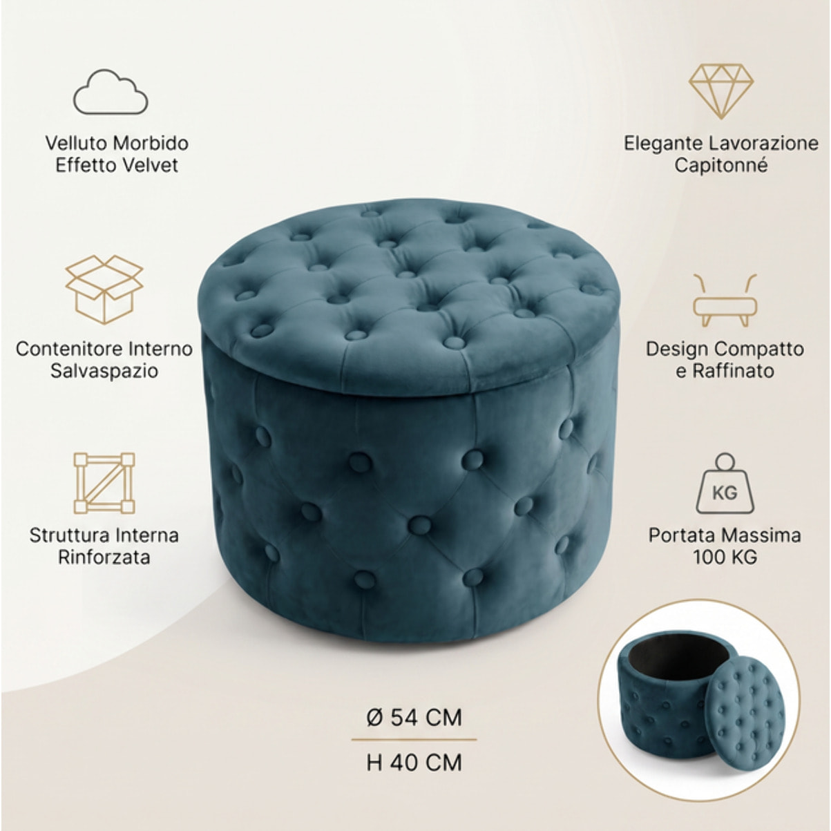 Pouf contenitore rotondo in velluto trapuntato Ø54x40 cm, pouf imbottito con vano portaoggetti e coperchio, design Chesterfield elegante per salotto camera da letto ingresso, seduta decorativa con tasche interne
