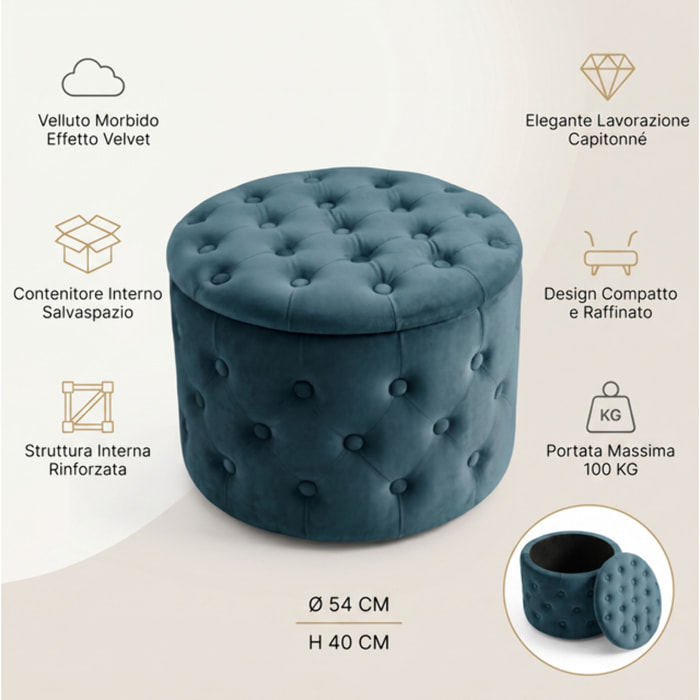 Pouf contenitore rotondo in velluto trapuntato Ø54x40 cm, pouf imbottito con vano portaoggetti e coperchio, design Chesterfield elegante per salotto camera da letto ingresso, seduta decorativa con tasche interne