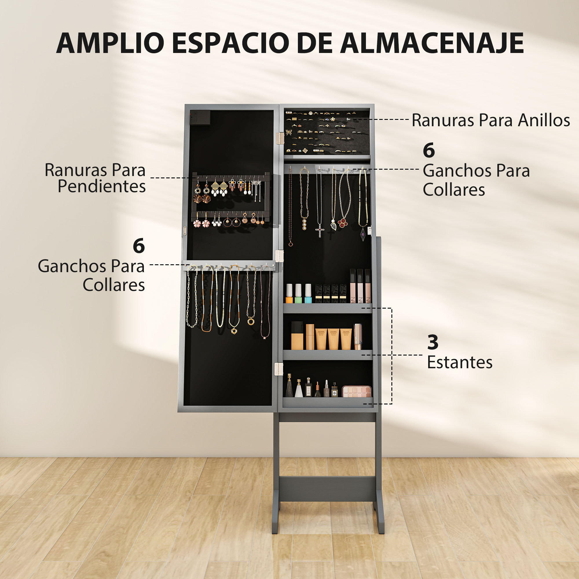 Espejo Joyero con Luces LED, Armario para Joyas, Armario Joyero de Pie con Espejo Entero, Ángulo Ajustable, con Estantes, Ranuras para Anillos, Gris