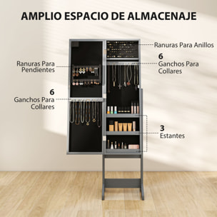 Espejo Joyero con Luces LED, Armario para Joyas, Armario Joyero de Pie con Espejo Entero, Ángulo Ajustable, con Estantes, Ranuras para Anillos, Gris