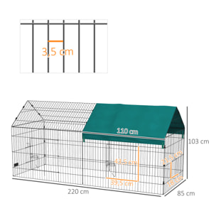 Parc enclos petits animaux - 2 portes, 2 trappes nourrissages, zone couverte - acier noir polyester vert