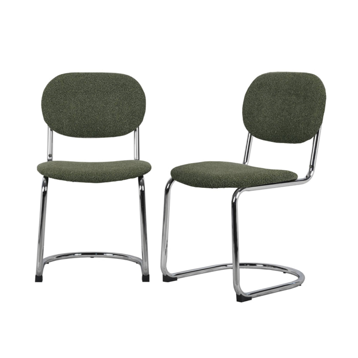 Lot de 2 chaises cantilever arrondie métal. bouclette texturée kaki et pieds chromés - L 47 x P 54.5 x H 81cm - Maloa