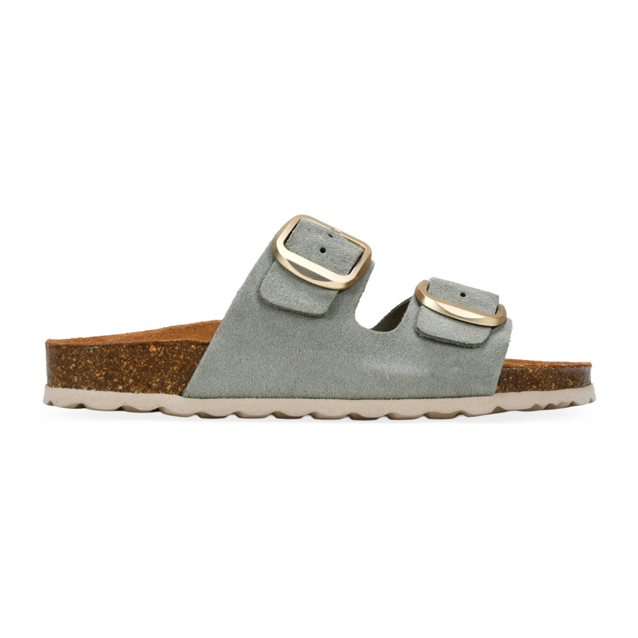 Sandalias planas verdes en piel con doble hebilla