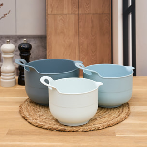 Lot de 3 Bols Mélangeurs - LILY COOK - Empilables - Ergonomiques - Beige et Bleu