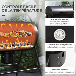 Barbecue à charbon smoker fumoir - 2 grilles, 2 roues, récupérateur cendre, thermomètre - métal noir