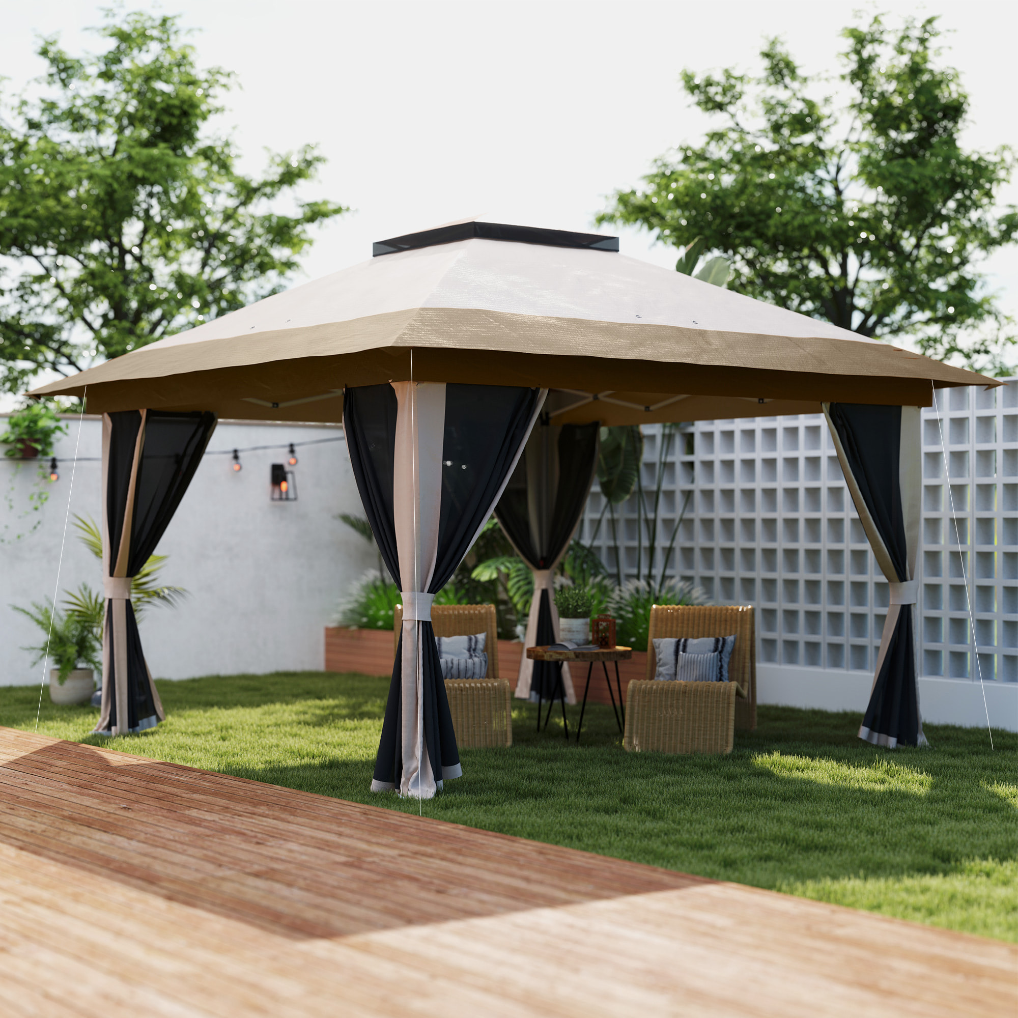Carpa Plegable Gazebo, 3,6x3,6 m, Cenador Plegable con 4 Paredes Laterales de Malla, Anti-UV, Altura Ajustable, Bolsa de Arena y Bolsa de Transporte, para Camping, Fiestas, Beige