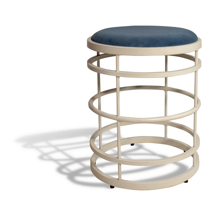 Tabouret en métal blanc et assise en velours bleu  TOMMY