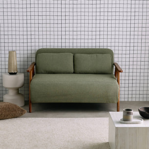 Banquette canapé convertible 2 places bois d'hévéa teinté noyer clair et bouclette texturée SVEN