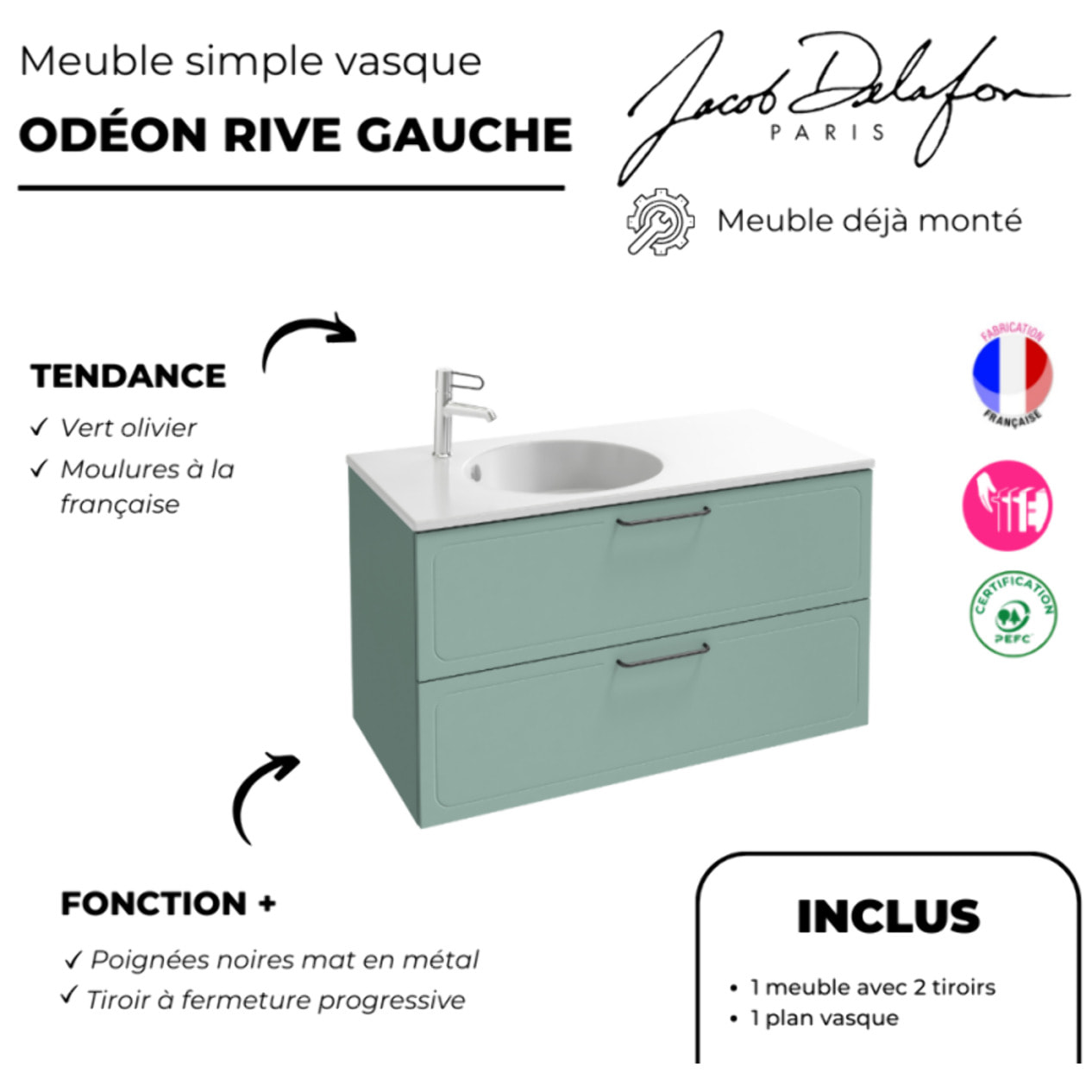 Meuble simple vasque 80 cm JACOB DE LAFON Odéon Rive Gauche vert olivier