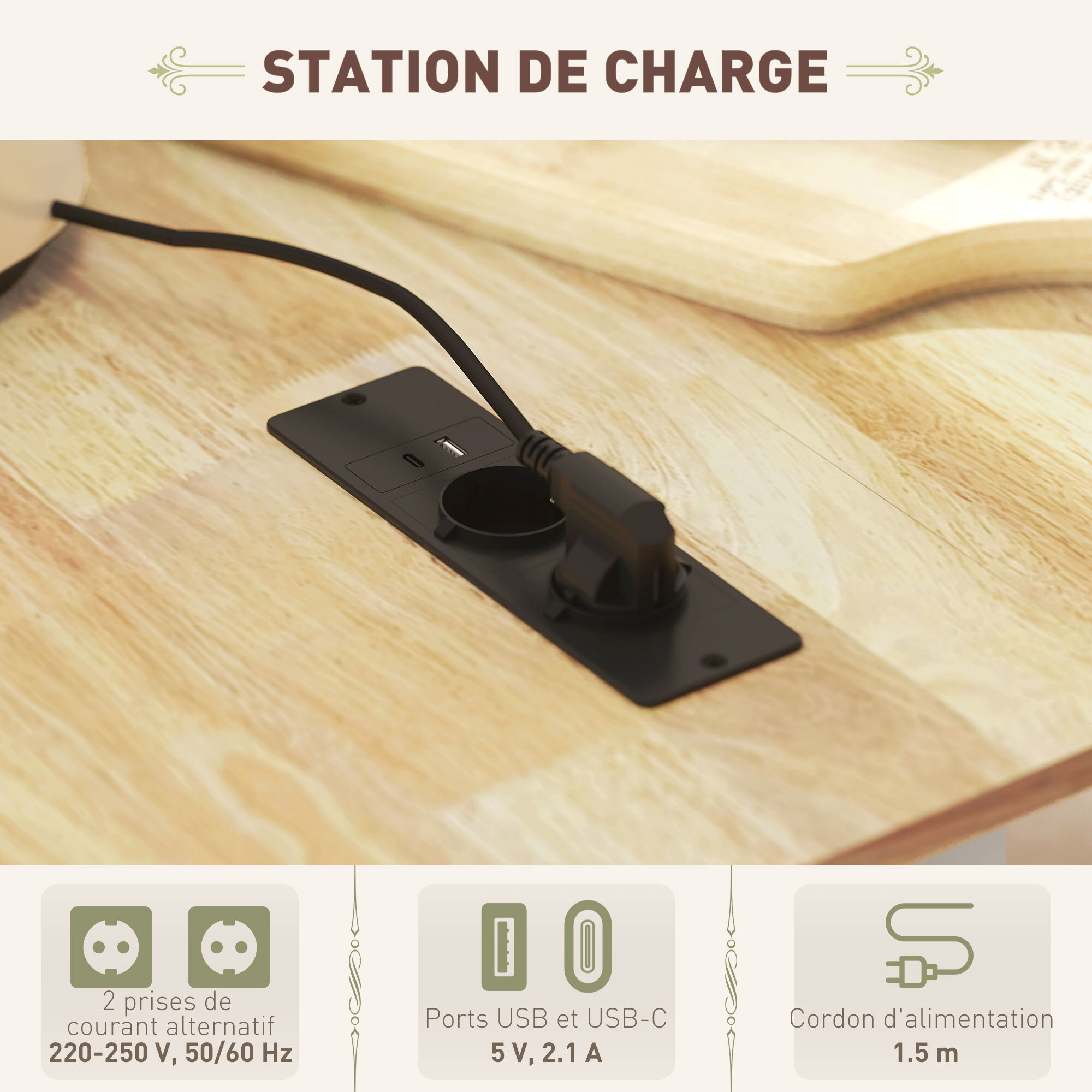 Desserte îlot central de cuisine  multi-rangement - prises secteur, ports USB - blanc effet bois clair