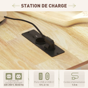 Desserte îlot central de cuisine  multi-rangement - prises secteur, ports USB - blanc effet bois clair