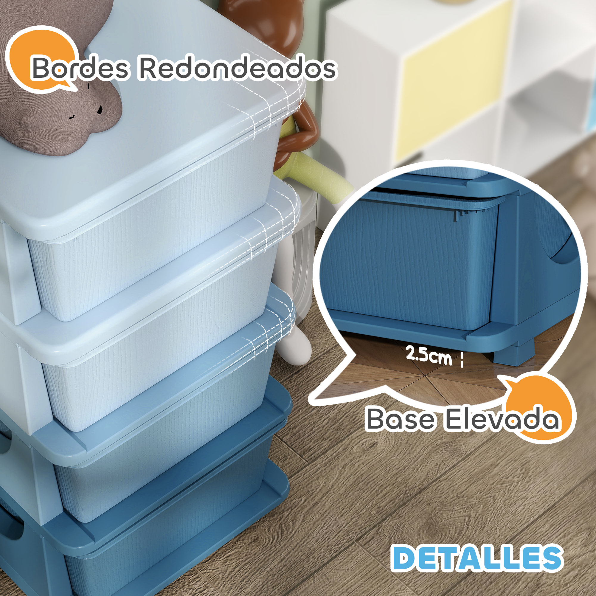 Torre de Almacenamiento Infantil con 4 Cajones, Organizador de Juguetes para Niños de +3 Años, con Bordes Redondeados y Asas, para Guardería, Sala de Juegos, Dormitorio, 37x37x76 cm, Azul