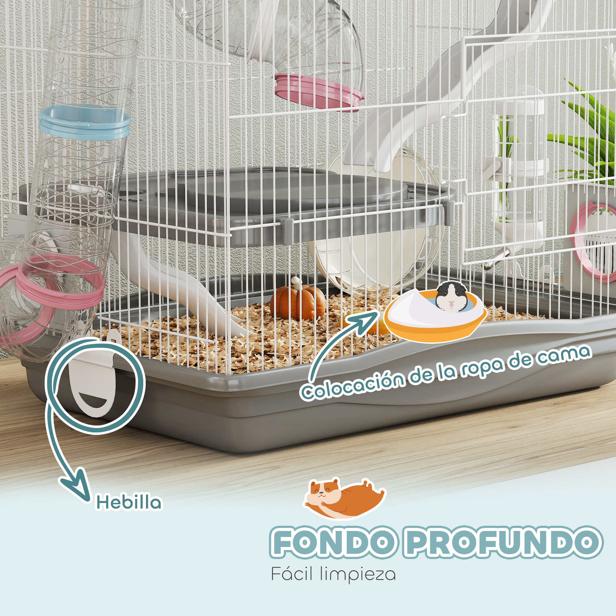 Jaula para Hámster, 45x30x45 cm, Casa para Animales Pequeños con Túnel, Plataformas, Cuenco, Bebedero, Casita, Rampas y Rueda de Ejercicio, para Hámsteres Enanos, Jerbos, Gris