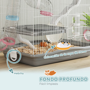 Jaula para Hámster, 45x30x45 cm, Casa para Animales Pequeños con Túnel, Plataformas, Cuenco, Bebedero, Casita, Rampas y Rueda de Ejercicio, para Hámsteres Enanos, Jerbos, Gris