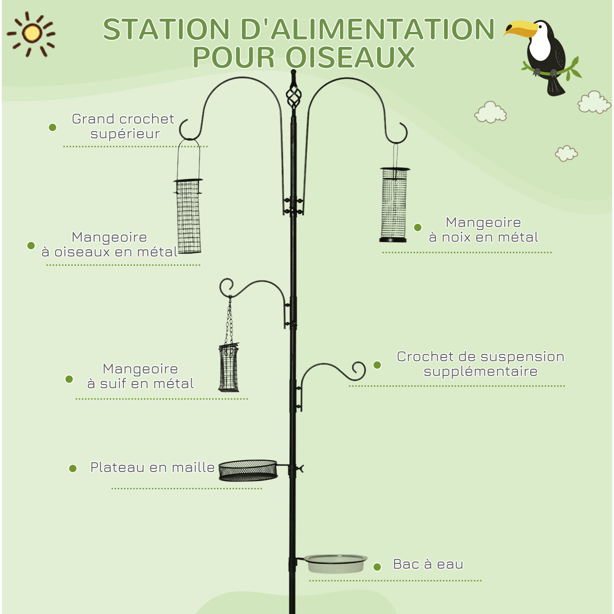 Station d'alimentation pour oiseaux en acier H.208cm 4 crochets contenant eau nourriture
