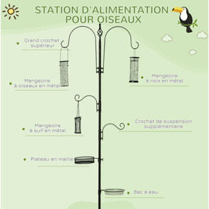 Station d'alimentation pour oiseaux en acier H.208cm 4 crochets contenant eau nourriture