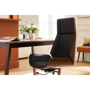 Fauteuil de bureau de direction design noir, bois foncé noyer et acier chromé CURVED