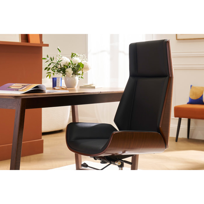 Fauteuil de bureau de direction design noir, bois foncé noyer et acier chromé CURVED