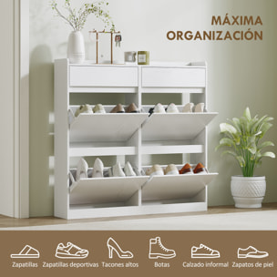Zapatero Estrecho con 4 Puertas Abatibles Zapatero Entrada Recibidor con 2 Cajones para 8 Pares de Zapatos para Pasillo Espacios Reducidos 98x19,2x95,3 cm Blanco