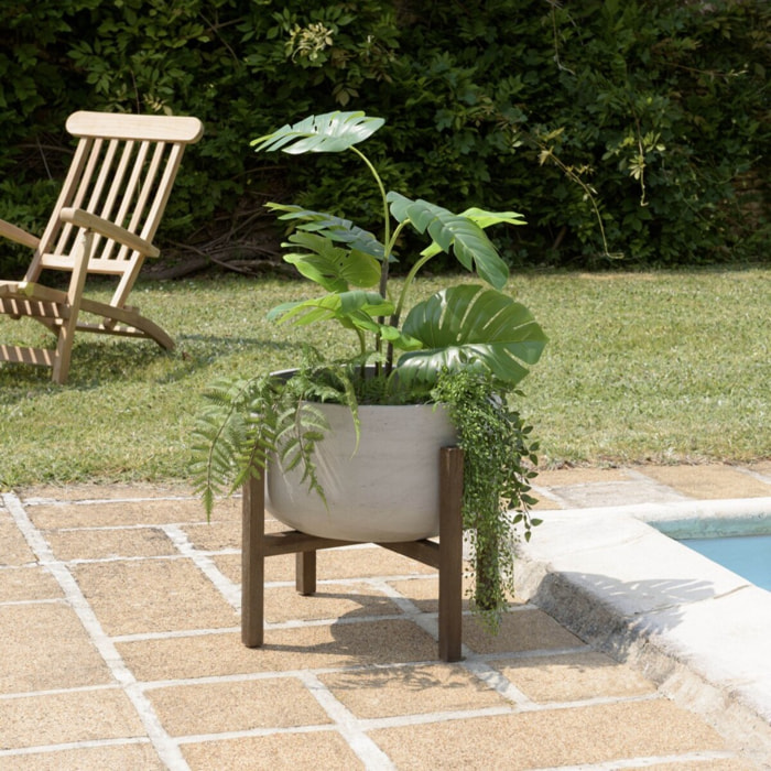 HECTOR - Pot de fleur rond en béton sur pieds en acacia marron
