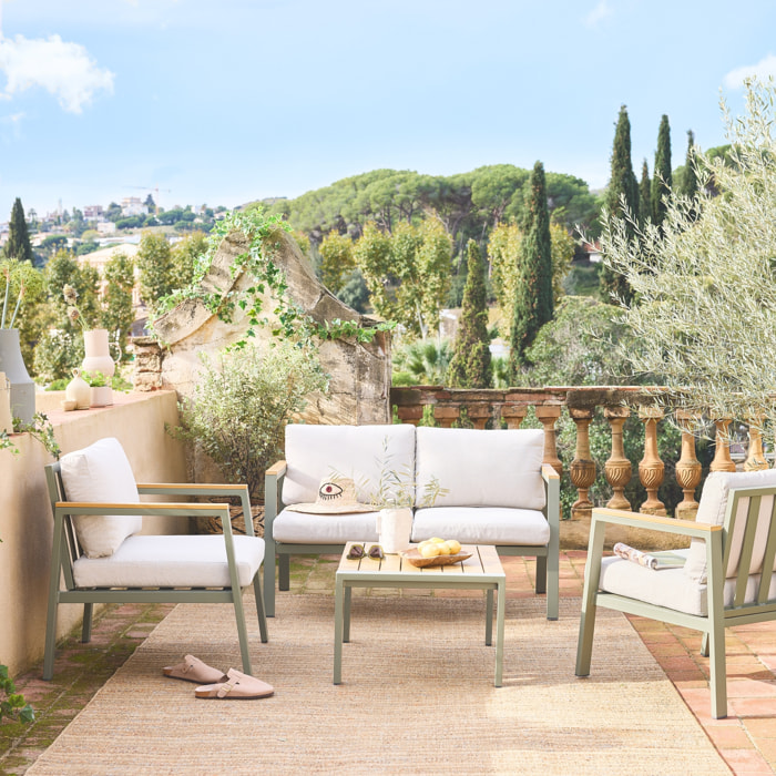 Salon de jardin Casoria. kaki et beige. aluminium et polywood 4 places. 1 canapé. 2 fauteuils. 1 table basse