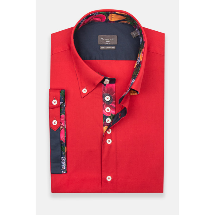 Camicia Uomo Manica Corta 2 Bottoni Button Down 7 Botto Popeline Stretch Unito Rosso