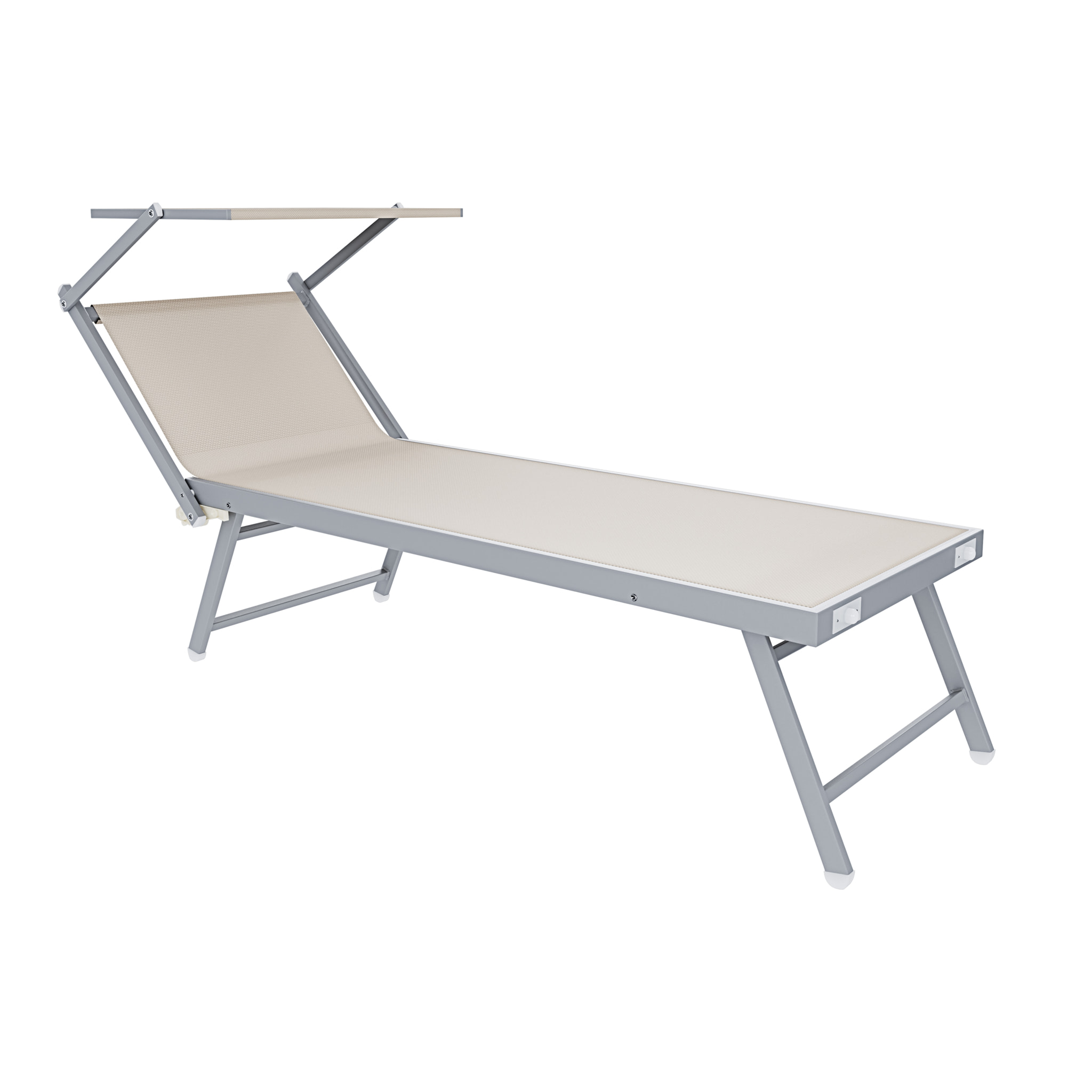 Coppia Di Lettini Prendisole Pieghevole Professionale in Alluminio e Tessuto Textilene Tettuccio Parasole Sdraio Mare Spiaggia 182x60x38 cm Beige