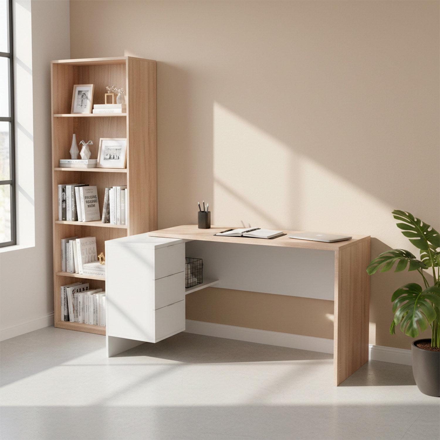 Scrivania Ufficio Studio Reversibile Con Cassettiera A 3 Cassetti Tavolo Da Lavoro Moderno Design Salvaspazio 145 x 108 x 73 Cm Rovere E Bianco Opaco