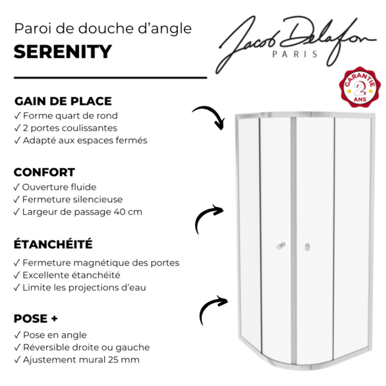 Jacob Delafon Paroi de douche quart de rond coulissant Serenity Chromé 80 cm