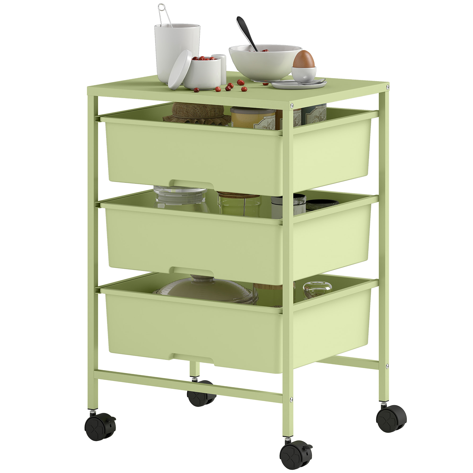 Carrito de Almacenamiento de 4 Niveles, Carrito de Cocina con Ruedas, 3 Cestas, Tablero y Marco de Acero, para Salón, Baño, Oficina, 40,8x33,5x60,5 cm, Verde