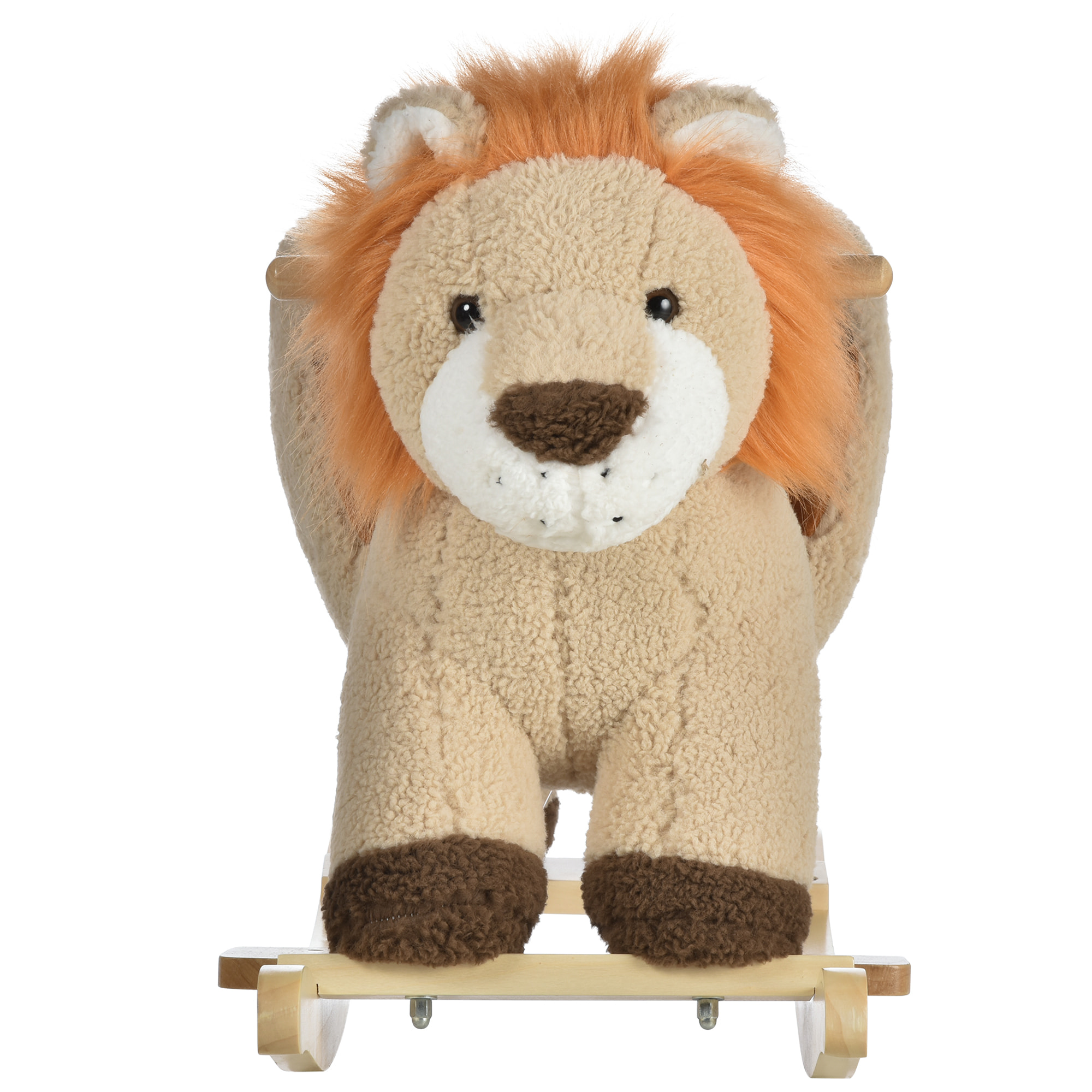 Cheval à bascule modèle lion fonction musicale selle grand confort peluche courte douce bois peuplier marron dim. 68L x 35l x 50H cm